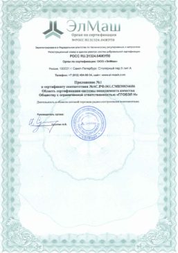 Приложение №1 к сертификату соответствия